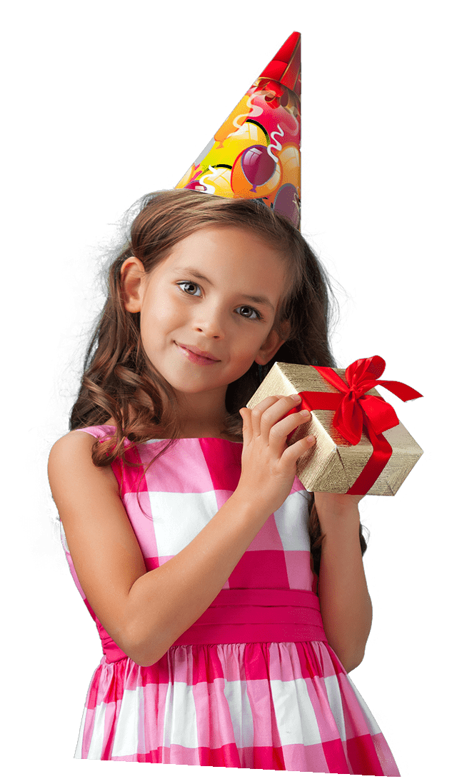 Birthday girl in a party hat holding a wrapped gift